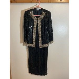 Stenay M Silk Sequin Black Blazer Skirt Combo Beaded Vintage Swinger Flapper